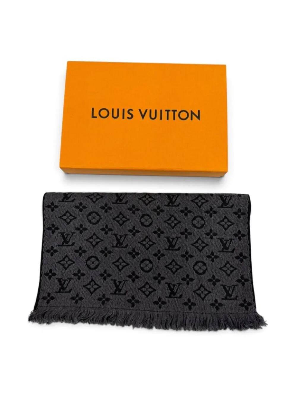 Louis Vuitton Wool 100% Monogram Classic Fringe Scarf Gray Black